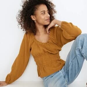 Madewell Sophia Peasant Top Blouse Textured Plaid Antique Gold Size Small